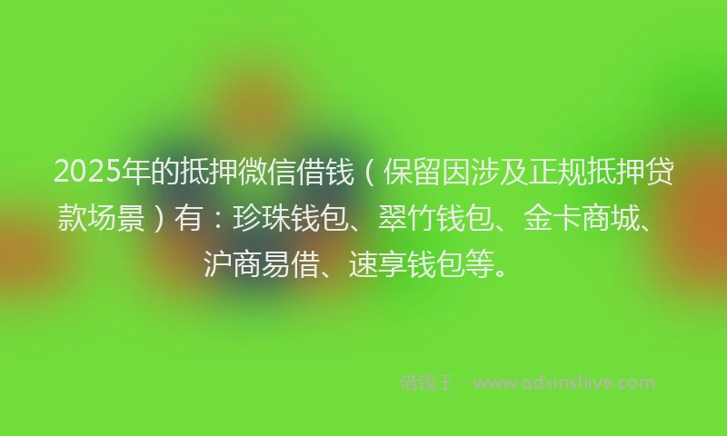 2025年的抵押微信借钱（保留因涉及正规抵押贷款场景）有：珍珠钱包、翠竹钱包、金卡商城、沪商易借、速享钱包等。