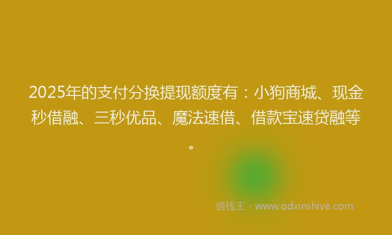 2025年的支付分换提现额度有：小狗商城、现金秒借融、三秒优品、魔法速借、借款宝速贷融等。