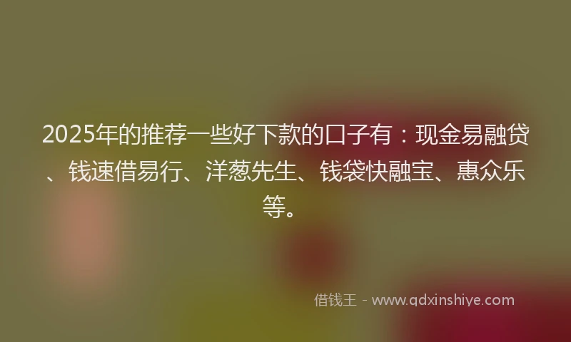 2025年的推荐一些好下款的口子有：现金易融贷、钱速借易行、洋葱先生、钱袋快融宝、惠众乐等。