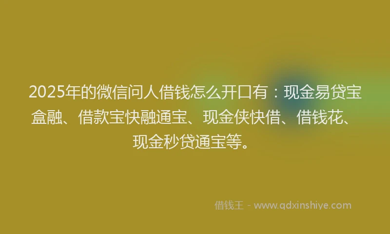 2025年的微信问人借钱怎么开口有：现金易贷宝盒融、借款宝快融通宝、现金侠快借、借钱花、现金秒贷通宝等。