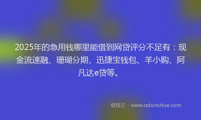 2025年的急用钱哪里能借到网贷评分不足有：现金流速融、珊瑚分期、迅捷宝钱包、羊小购、阿凡达e贷等。