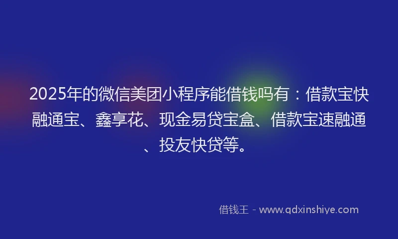 2025年的微信美团小程序能借钱吗有：借款宝快融通宝、鑫享花、现金易贷宝盒、借款宝速融通、投友快贷等。