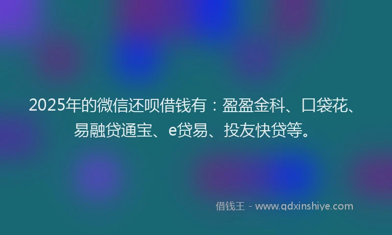 2025年的微信还呗借钱有：盈盈金科、口袋花、易融贷通宝、e贷易、投友快贷等。