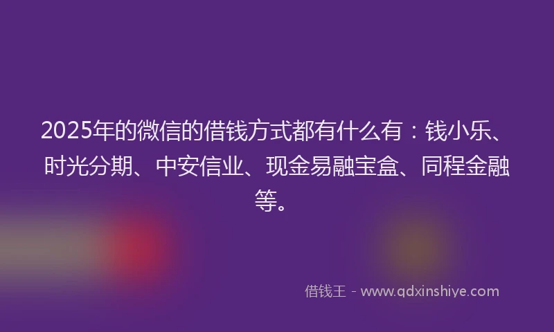 2025年的微信的借钱方式都有什么有：钱小乐、时光分期、中安信业、现金易融宝盒、同程金融等。