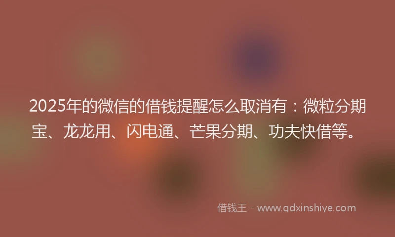 2025年的微信的借钱提醒怎么取消有：微粒分期宝、龙龙用、闪电通、芒果分期、功夫快借等。