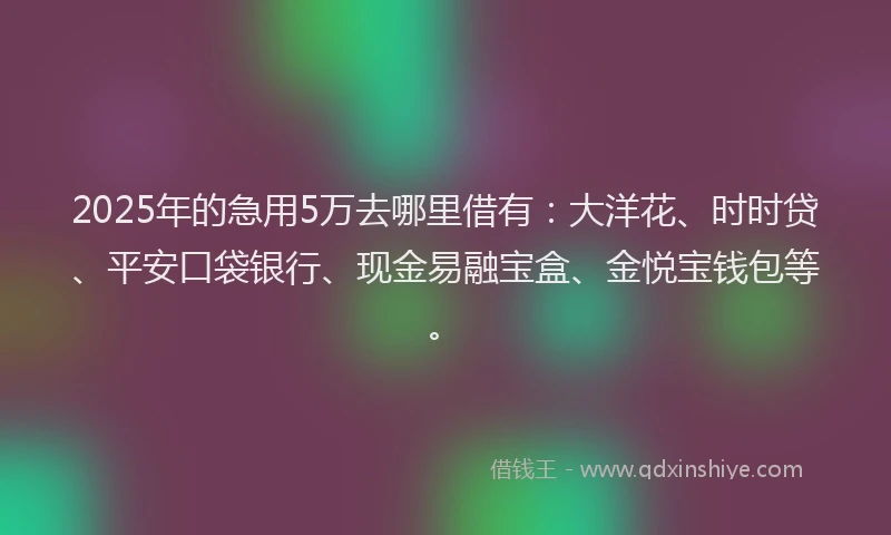2025年的急用5万去哪里借有：大洋花、时时贷、平安口袋银行、现金易融宝盒、金悦宝钱包等。