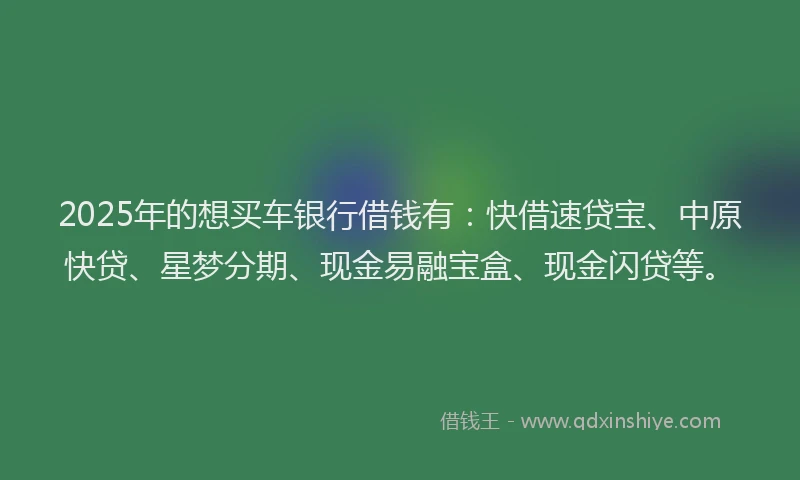 2025年的想买车银行借钱有：快借速贷宝、中原快贷、星梦分期、现金易融宝盒、现金闪贷等。