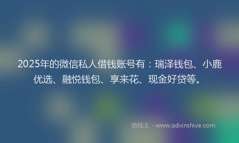 2025年的微信私人借钱账号有：瑞泽钱包、小鹿优选、融悦钱包、享来花、现金好贷等。
