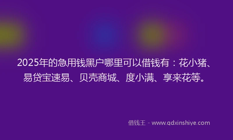 2025年的急用钱黑户哪里可以借钱有：花小猪、易贷宝速易、贝壳商城、度小满、享来花等。