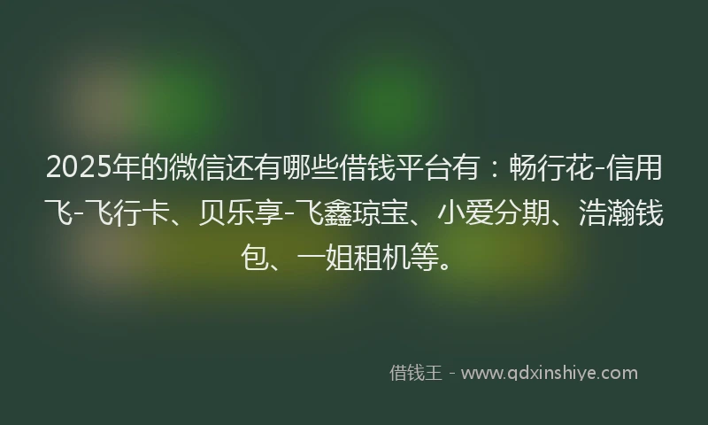 2025年的微信还有哪些借钱平台有：畅行花-信用飞-飞行卡、贝乐享-飞鑫琼宝、小爱分期、浩瀚钱包、一姐租机等。