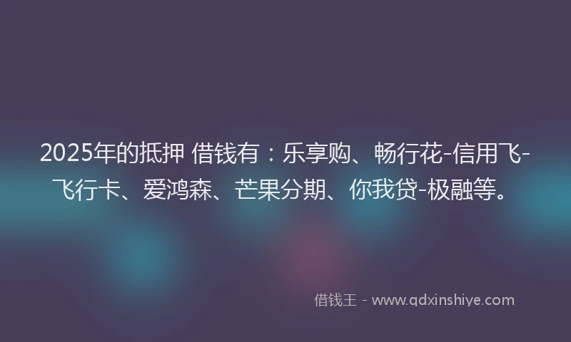 2025年的抵押 借钱有：乐享购、畅行花-信用飞-飞行卡、爱鸿森、芒果分期、你我贷-极融等。