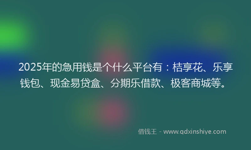 2025年的急用钱是个什么平台有：桔享花、乐享钱包、现金易贷盒、分期乐借款、极客商城等。
