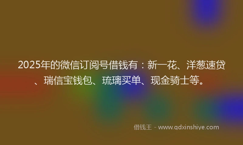 2025年的微信订阅号借钱有：新一花、洋葱速贷、瑞信宝钱包、琉璃买单、现金骑士等。