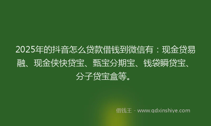 2025年的抖音怎么贷款借钱到微信有：现金贷易融、现金侠快贷宝、甄宝分期宝、钱袋瞬贷宝、分子贷宝盒等。