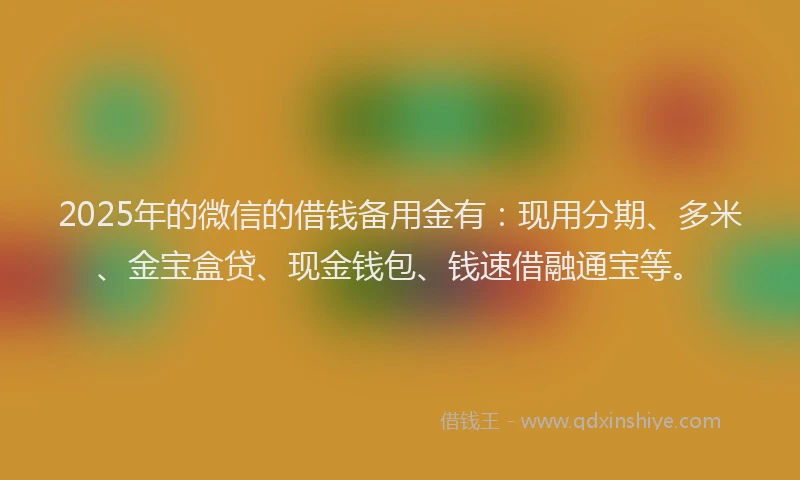 2025年的微信的借钱备用金有：现用分期、多米、金宝盒贷、现金钱包、钱速借融通宝等。