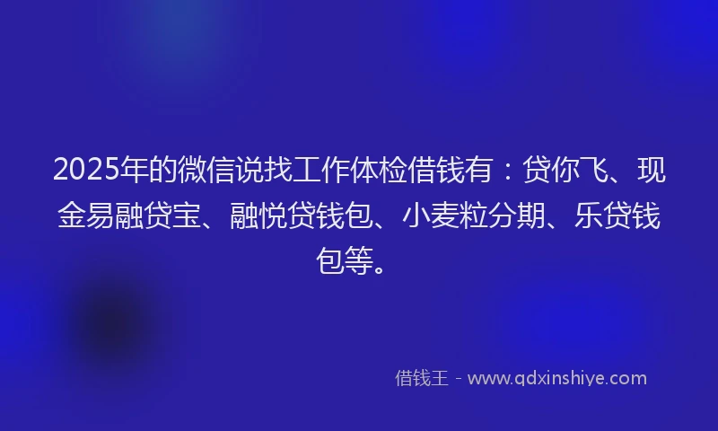 2025年的微信说找工作体检借钱有：贷你飞、现金易融贷宝、融悦贷钱包、小麦粒分期、乐贷钱包等。