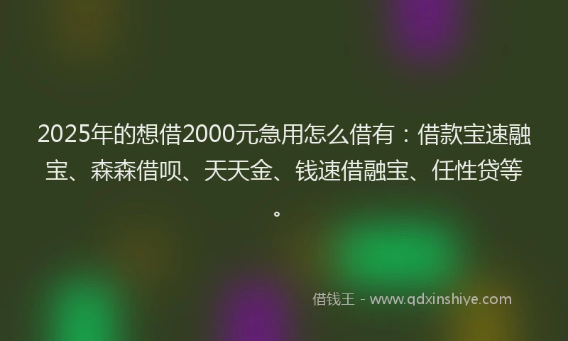 2025年的想借2000元急用怎么借有：借款宝速融宝、森森借呗、天天金、钱速借融宝、任性贷等。