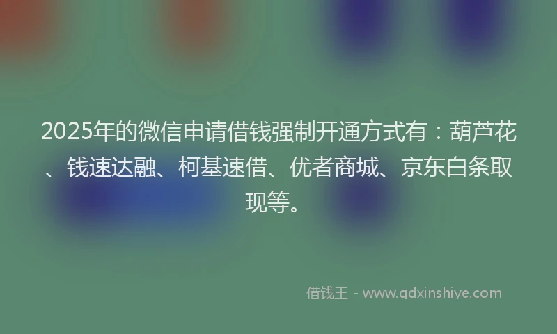 2025年的微信申请借钱强制开通方式有：葫芦花、钱速达融、柯基速借、优者商城、京东白条取现等。