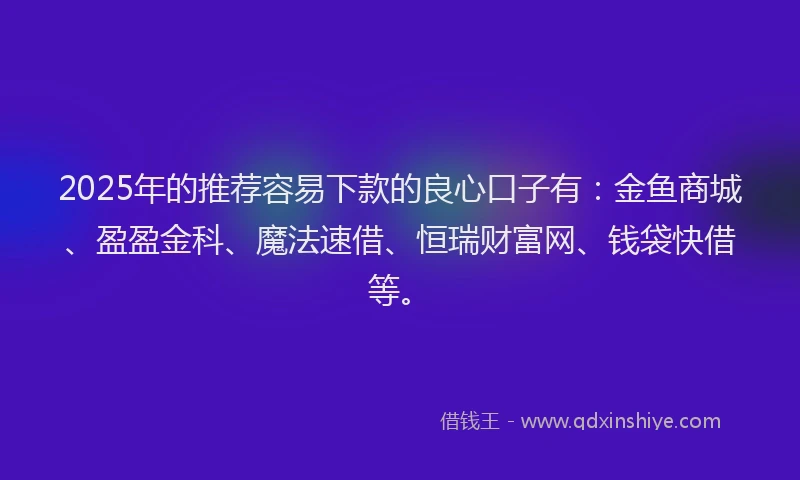 2025年的推荐容易下款的良心口子有：金鱼商城、盈盈金科、魔法速借、恒瑞财富网、钱袋快借等。