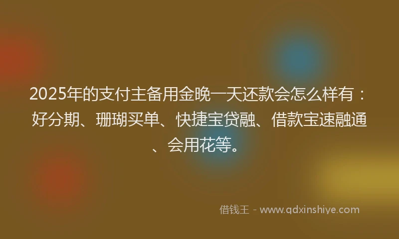 2025年的支付主备用金晚一天还款会怎么样有：好分期、珊瑚买单、快捷宝贷融、借款宝速融通、会用花等。