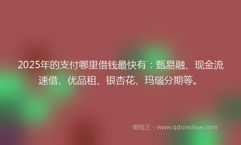 2025年的支付哪里借钱最快有：甄易融、现金流速借、优品租、银杏花、玛瑙分期等。