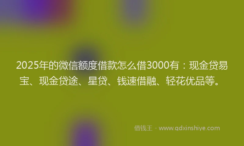 2025年的微信额度借款怎么借3000有：现金贷易宝、现金贷途、星贷、钱速借融、轻花优品等。