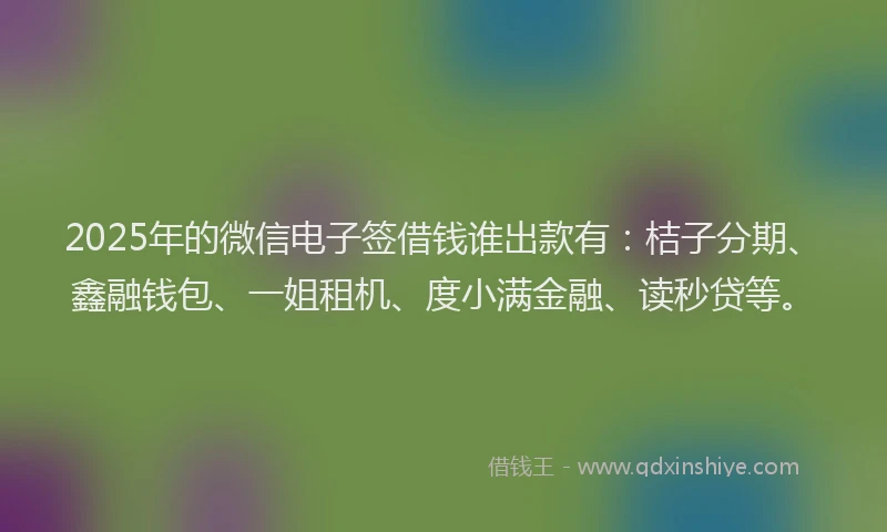 2025年的微信电子签借钱谁出款有：桔子分期、鑫融钱包、一姐租机、度小满金融、读秒贷等。