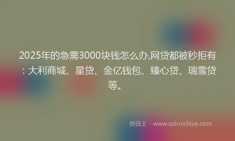 2025年的急需3000块钱怎么办,网贷都被秒拒有：大利商城、星贷、金亿钱包、臻心贷、瑞雪贷等。