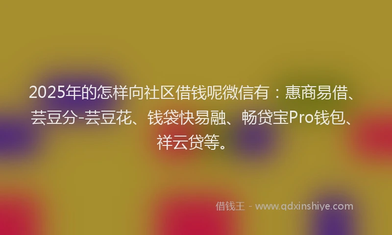 2025年的怎样向社区借钱呢微信有：惠商易借、芸豆分-芸豆花、钱袋快易融、畅贷宝Pro钱包、祥云贷等。