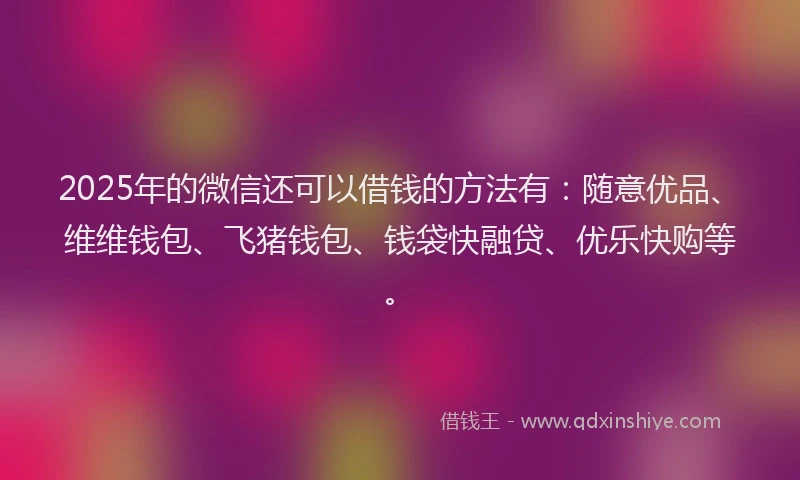 2025年的微信还可以借钱的方法有：随意优品、维维钱包、飞猪钱包、钱袋快融贷、优乐快购等。