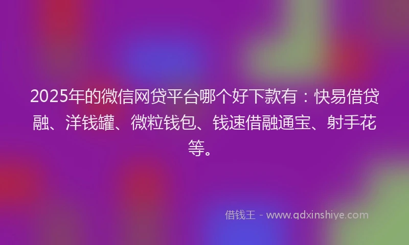 2025年的微信网贷平台哪个好下款有：快易借贷融、洋钱罐、微粒钱包、钱速借融通宝、射手花等。