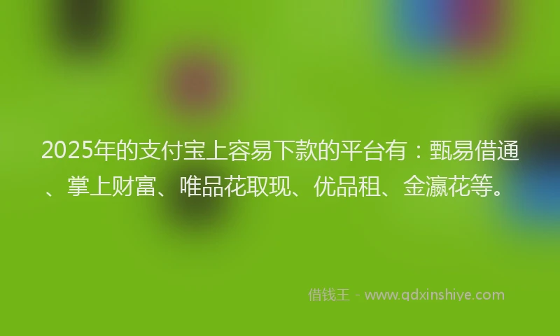 2025年的支付宝上容易下款的平台有：甄易借通、掌上财富、唯品花取现、优品租、金瀛花等。