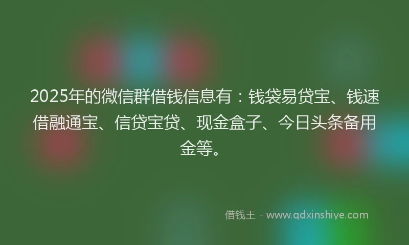 2025年的微信群借钱信息有：钱袋易贷宝、钱速借融通宝、信贷宝贷、现金盒子、今日头条备用金等。