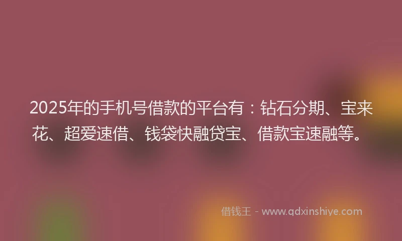 2025年的手机号借款的平台有：钻石分期、宝来花、超爱速借、钱袋快融贷宝、借款宝速融等。