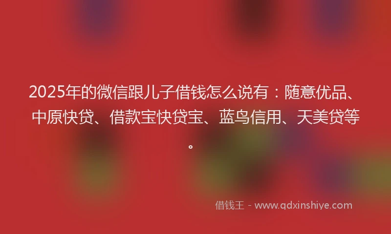 2025年的微信跟儿子借钱怎么说有：随意优品、中原快贷、借款宝快贷宝、蓝鸟信用、天美贷等。