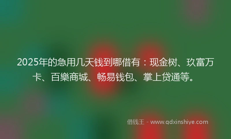 2025年的急用几天钱到哪借有：现金树、玖富万卡、百樂商城、畅易钱包、掌上贷通等。