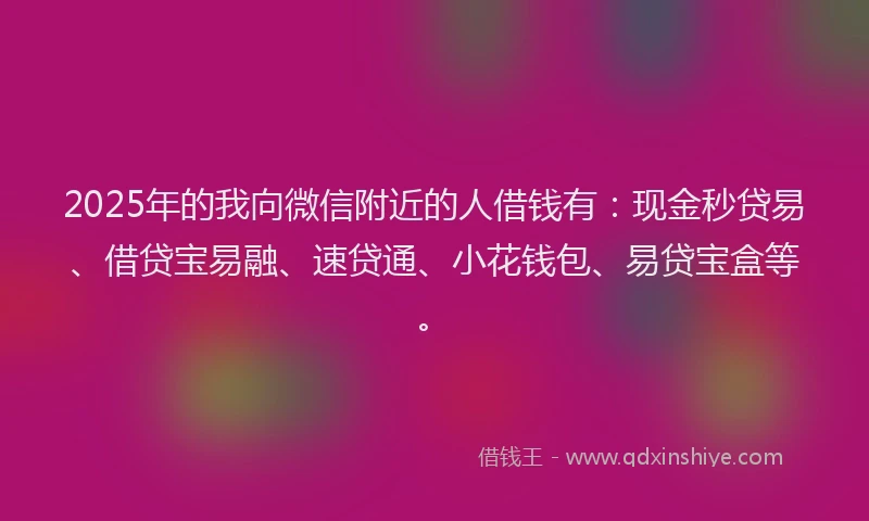 2025年的我向微信附近的人借钱有：现金秒贷易、借贷宝易融、速贷通、小花钱包、易贷宝盒等。