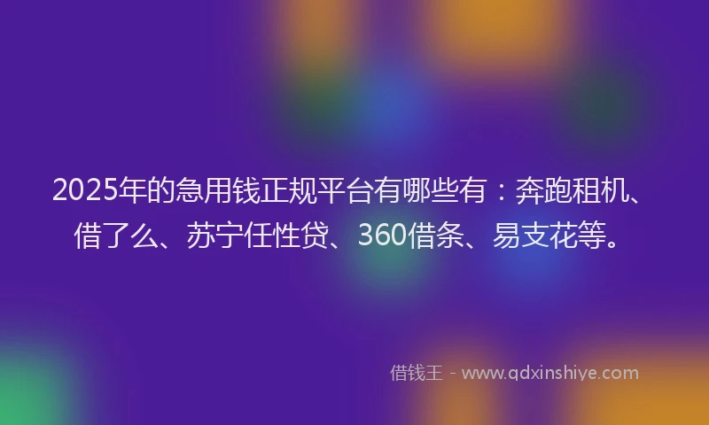 2025年的急用钱正规平台有哪些有：奔跑租机、借了么、苏宁任性贷、360借条、易支花等。
