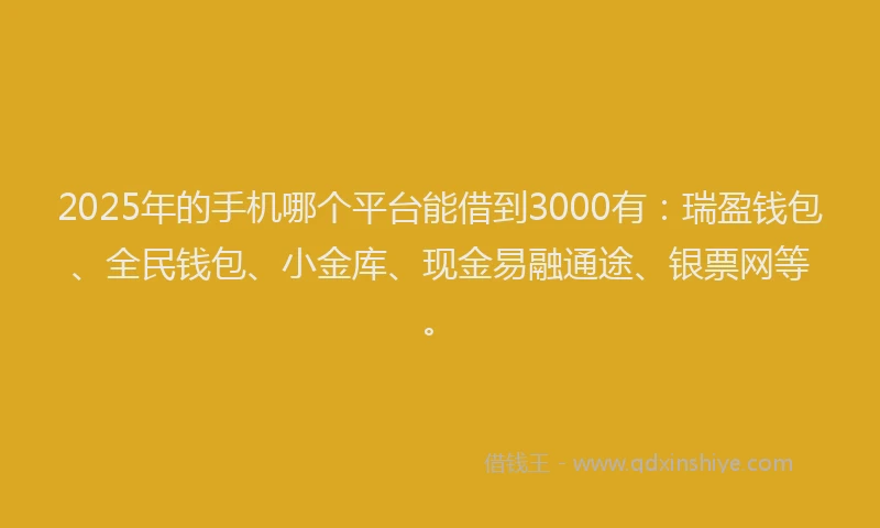 2025年的手机哪个平台能借到3000有：瑞盈钱包、全民钱包、小金库、现金易融通途、银票网等。