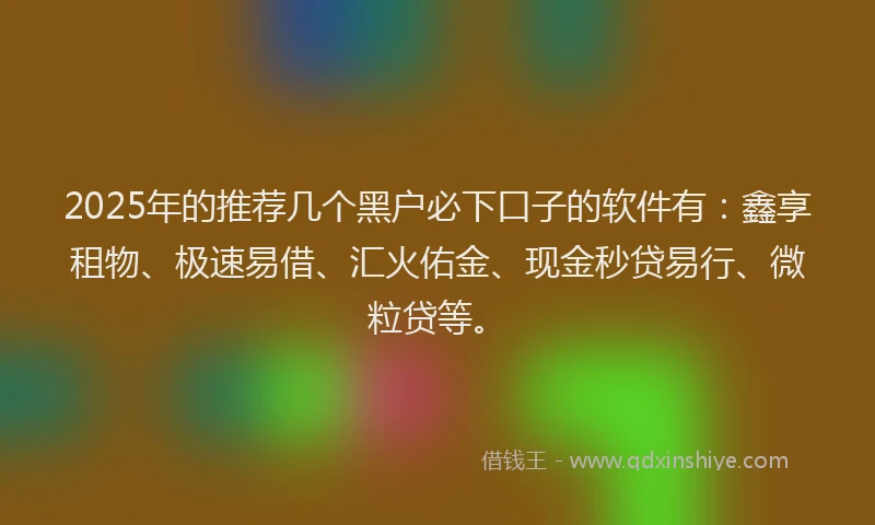 2025年的推荐几个黑户必下口子的软件有：鑫享租物、极速易借、汇火佑金、现金秒贷易行、微粒贷等。