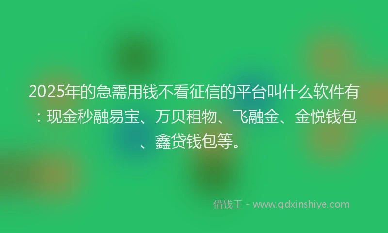 2025年的急需用钱不看征信的平台叫什么软件有：现金秒融易宝、万贝租物、飞融金、金悦钱包、鑫贷钱包等。