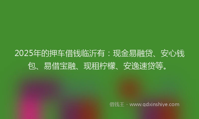 2025年的押车借钱临沂有：现金易融贷、安心钱包、易借宝融、现租柠檬、安逸速贷等。