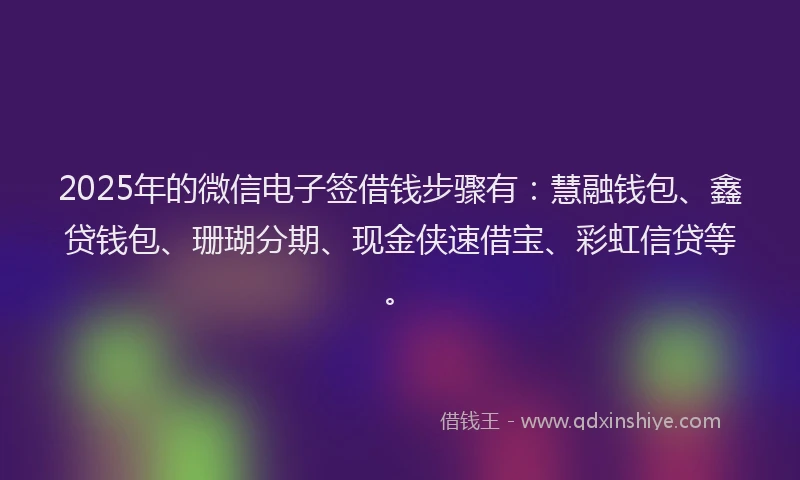 2025年的微信电子签借钱步骤有：慧融钱包、鑫贷钱包、珊瑚分期、现金侠速借宝、彩虹信贷等。