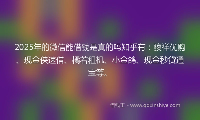 2025年的微信能借钱是真的吗知乎有：骏祥优购、现金侠速借、橘若租机、小金鸽、现金秒贷通宝等。