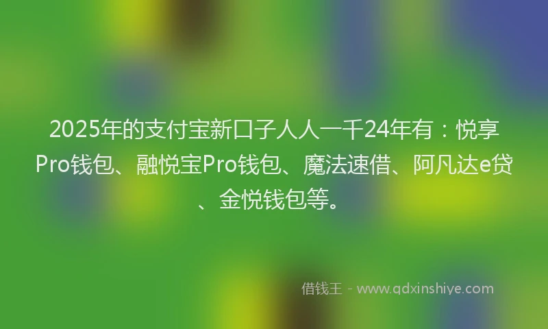 2025年的支付宝新口子人人一千24年有:悦享Pro钱包、融悦宝Pro钱包、魔法速借、阿凡达e贷、金悦钱包等。