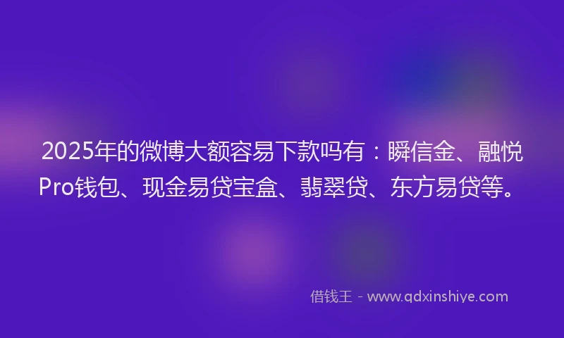 2025年的微博大额容易下款吗有：瞬信金、融悦Pro钱包、现金易贷宝盒、翡翠贷、东方易贷等。