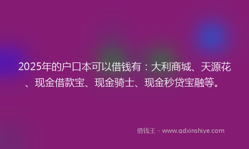 2025年的户口本可以借钱有：大利商城、天源花、现金借款宝、现金骑士、现金秒贷宝融等。