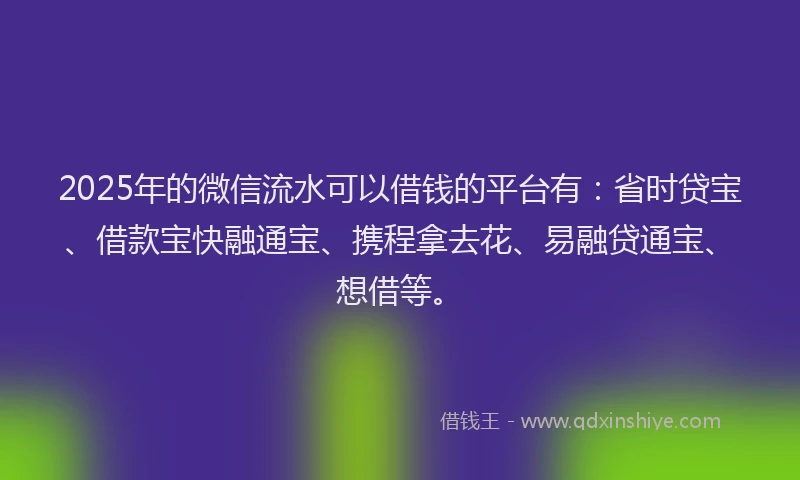 2025年的微信流水可以借钱的平台有：省时贷宝、借款宝快融通宝、携程拿去花、易融贷通宝、想借等。