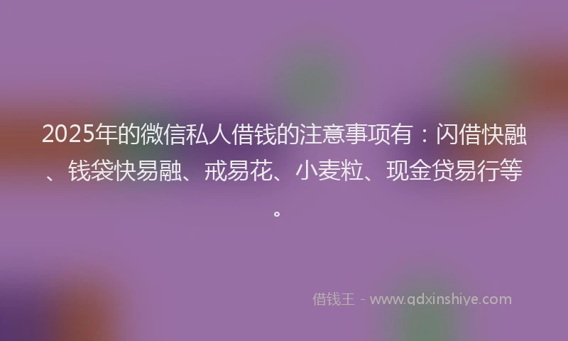 2025年的微信私人借钱的注意事项有：闪借快融、钱袋快易融、戒易花、小麦粒、现金贷易行等。