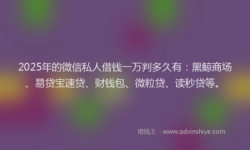 2025年的微信私人借钱一万判多久有：黑鲸商场、易贷宝速贷、财钱包、微粒贷、读秒贷等。